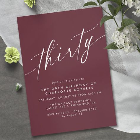 Dark Maroon Red | Modern Burgundy 30th Birthday for $2.98 - Birthday Invitations Elegant Invitation Design, 98th Birthday, Dark Red Background, 30th Birthday Invitations, Birthday Text, Dark Green Background, Dark Maroon, 30th Birthday Parties, Dark Blue Background