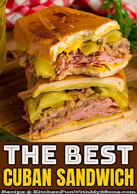 This classic Cuban Sandwich recipe features ham, Swiss cheese, pulled pork, mustard, and pickles on a loaf of Cuban bread, cooked in a panini press until golden on the outside with gooey melted cheese inside. Serve with chips or coleslaw for an easy lunch or dinner! #sandwichrecipes #hotsandwiches #easylunchideas Cuban Pulled Pork, Ham Sandwich Recipes, Cuban Sandwich Recipe, Pork Sandwich Recipes, Cuban Bread, Panini Press, Cuban Sandwich, Pulled Pork Recipes, Pulled Pork Sandwich