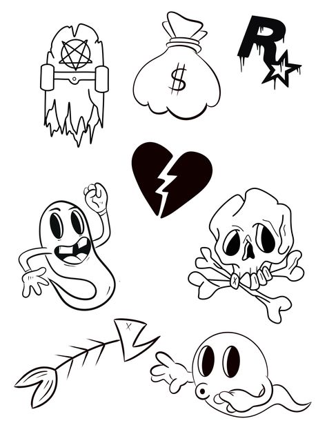 Flash Tattoos Men, 90s Cartoon Tattoo Designs, Simple Flash Tattoo, Tattoo Flash Ideas, Skateboard Tattoo, Basic Tattoos, Half Sleeve Tattoos Drawings, Beginner Tattoos, Cool Tattoo Drawings