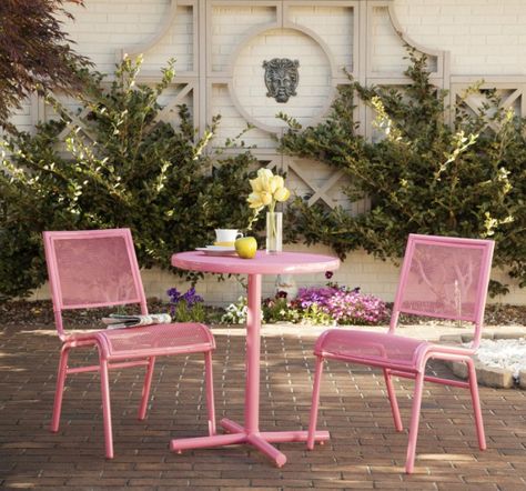 Check out these cute pink patio furniture ideas! There are great options if you’re on a budget looking for outdoor seating. #6 is totally shabby chic and definitely my favorite! #outdoorseating #patiofurniture Pink Outdoor Furniture, Pink Patio, Garden Diy Furniture, Liberty Garden, Patio Furniture Layout, Teak Patio Furniture, 3 Piece Bistro Set, Bistro Furniture, Outdoor Bistro