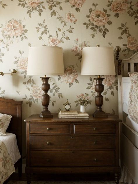 Add a touch of vintage charm to your bedroom with a wallpaper accent wall featuring a timeless floral print. Complete the look with vintage-inspired furniture pieces like a distressed wooden dresser and antique brass bedside lamps for a touch of nostalgia. Vintage Accent Wall, Brass Bedside, Accent Wall Ideas, Bedside Lamps, Wooden Dresser, Wallpaper Accent, Wallpaper Accent Wall, A Wallpaper, Wall Ideas