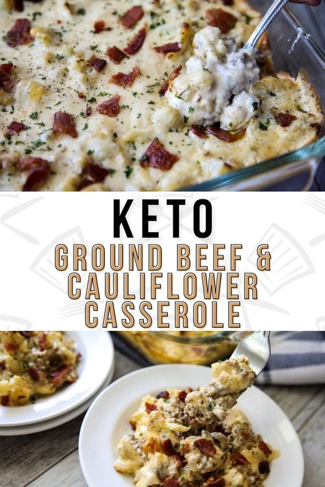 This Keto Ground Beef and Cauliflower Casserole is comfort food at its best! This cheesy low carb meal is guaranteed to please the entire family. Ground Turkey And Cauliflower, Cauliflower Casserole Keto, Ground Beef Cauliflower, Creamy Ground Beef, Beef Cauliflower, Keto Cauliflower Casserole, Cheesy Ground Beef, Low Carb Chicken Casserole, Keto Ground Beef