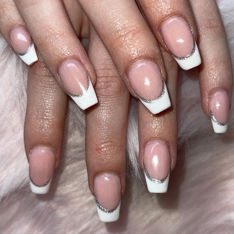 French Tip Nails Silver Line, French Manicure With Silver Line, French Tip Nails With Glitter Line, French Tip Nails With Silver Line, Tip Nails, Silver Line, French Tip Nails, Glitter Nails, Nail Tips