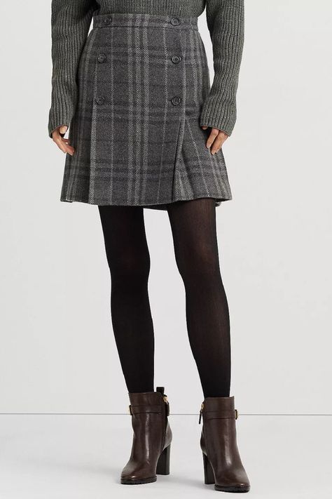 This miniskirt is made from Italian wool-blend tweed in the chic plaid pattern of the season. It is embellished with engraved horn-effect buttons and has a pleated construction that makes it sway gracefully with each stride. #women #skirt #mini #plaid #wool #fall Wool Mini Skirt Outfit, Mini Skirt Outfit Winter, Skirt Outfit Winter, Mini Skirt Outfit, Mini Skater Skirt, Ralph Lauren Plaid, Ralph Lauren Skirts, Wool Mini Skirt, Miniskirt Outfits