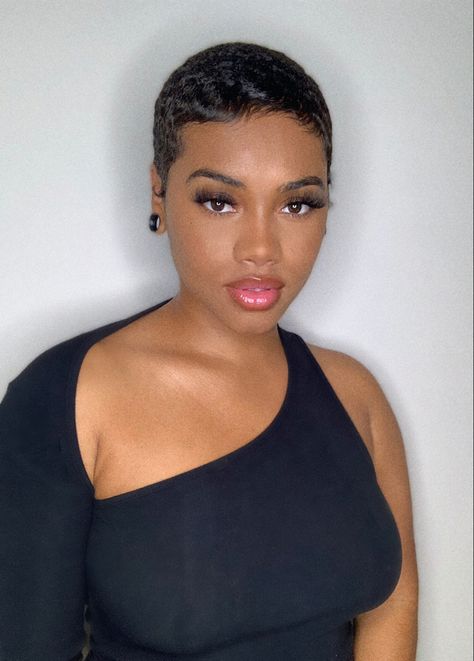 Really Short Pixie Haircut Black Women, Texturized Pixie Haircut, Micro Pixie Haircut Black Women, Pixie Cut Black Women Round Faces, Black Pixie, Pixie Styles For Black Women, Short Pixie Black Women, Pixie Cut On Round Face, Pixie Cut Oval Face