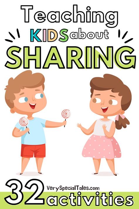 Kids sharing lollipops and a title that reads "Teaching Kids about Sharing. 32 Activities" Sharing For Preschoolers, Social Skill Activity For Preschool, Sharing Is Caring Preschool Activities, Sharing And Caring Preschool Activities, Behaviour Therapy Activities, Sharing And Caring Activity For Kids, Play Skills Activities, Sharing Theme Preschool Activities, Sharing Activities For Kindergarten