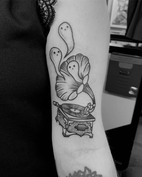 Small Black And Grey Tattoos, Ghost Playing Guitar Tattoo, Ghost Listening To Music Tattoo, Music Ghost Tattoo, Ghost Arm Tattoo, Music Box Tattoo, Fine Line Black And Grey Tattoo, Turntable Tattoo, Matching Music Tattoos