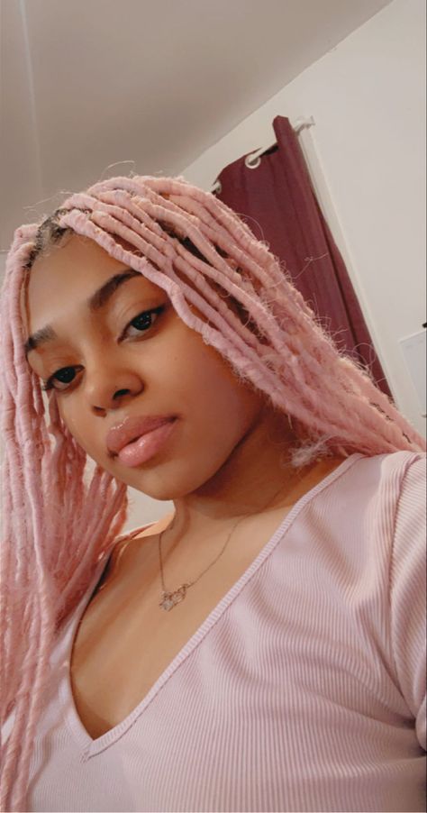 Love the color pink so I got pink locs. #hairstyles #locstyles #pinkhairdontcare #blackhairstyles Pink Dreadlocks Black Women, Lavender Locs Black Women, Pastel Locs, Pink Dreads Black Women, Pink Locs Black Women, Soft Locs 36 Inch, Fluttershy Redesign, Skyler Aesthetic, Cupid Oc