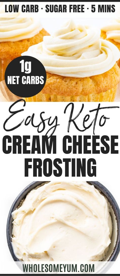 Low Carb Keto Cream Cheese Frosting Recipe Without Powdered Sugar - Want to see how to make cream cheese frosting without powdered sugar? It's so easy! This delicious, low carb keto cream cheese frosting recipe has just 5 ingredients. Use sugar-free keto cream cheese icing to frost cupcakes, cakes, and more. #wholesomeyum #keto #ketorecipes #frosting #creamcheese #lowcarb #lowcarbdesserts #ketodessert #ketosweets Cream Cheese Frosting Without Powdered, Keto Cream Cheese Frosting, Frosting Without Powdered Sugar, Keto Cream Cheese, Cheese Frosting Recipe, Fluffy Frosting, How To Make Cream, Low Carb Cake, Keto Cream