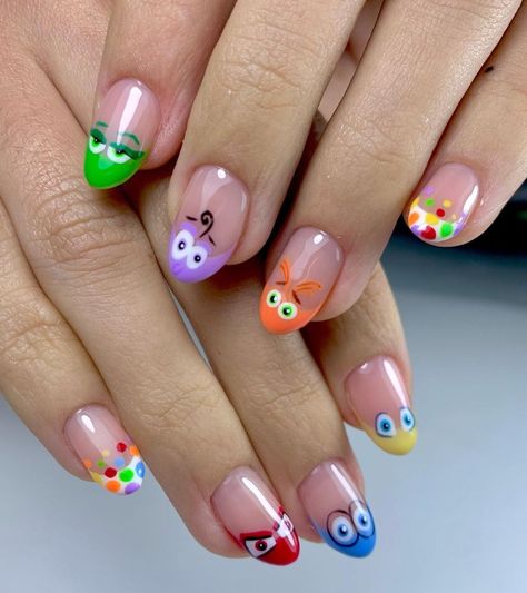 Nail Art Designs Multi Color, Teletubbies Nails, Wacky Nail Designs, Inside Out Nails Disney, Inside Out 2 Nails, Funny Acrylic Nails, Inside Out Nail Art, Inside Out Nails, Nails Teacher