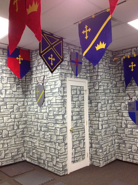 Vbs Kingdom Theme, Castle Party Decorations, Mighty Fortress Vbs, Castle Theme Classroom, Medieval Flags, Kingdom Vbs, Castle Party, Knight Party, Medieval Decor