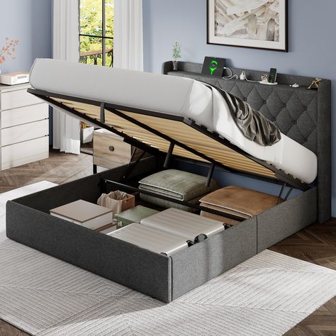 PRICES MAY VARY. 10.8" Lift Up Storage Space: Easily lift the storage bed frame with the hydraulic lift system to reveal a spacious 10.8" storage compartment, perfect for storing infrequently used items like suitcases, storage bags, and out-of-season bedding, keeping your bedroom neat and organized Integrated Charging Hub: The elegant upholstered wingback headboard not only enhances the style of your bedroom but also features a practical top shelf for storage. The lift up bed frame is equipped w Lift Up Storage Bed, Lift Up Bed, Full Beds, Storage Bed Frame, Storage Headboard, Wingback Headboard, Bed Frame With Storage, Headboard Storage, Upholstered Bed Frame