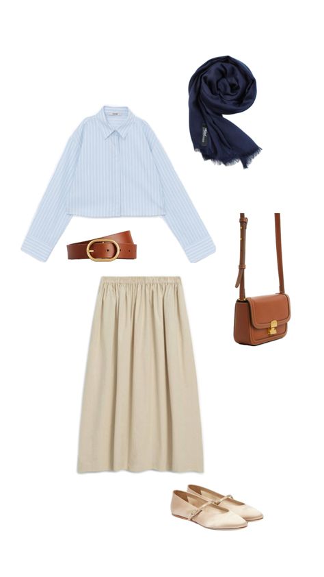 blue striped shirt, beige long skirt, navy blue hijab, beige ballet flats, tan belt, tan crossbody bag, hijabi outfit Beige Long Skirt, Hijabi Summer Outfits, Beige Ballet Flats, Blue Hijab, Tan Outfit, Tan Crossbody Bag, Hijabi Outfit, Tan Belt, Beige Skirt