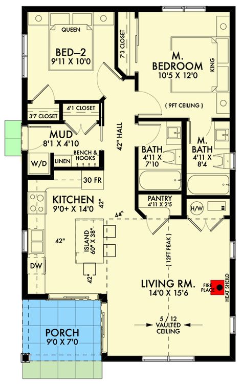 2-Bed Country Cottage House Plan Under 900 Square Feet - Architectural Designs - 677031NWL | Architectural Designs - House Plans Two Bed Two Bath House Plans, 2 Bed Cottage Floor Plans, 2 Bedroom Cottage Plans, Country Cottage House, Country Cottage House Plans, American Cottage, Rustic Country Cottage, Casas Country, 20x40 House Plans