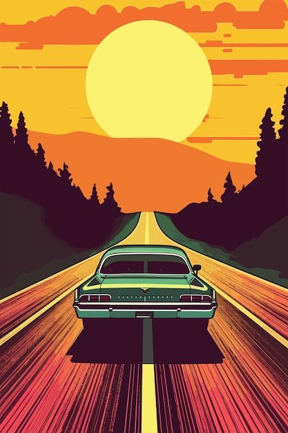 View From Inside Car, Road Trip Art Illustration, Classic Cars Illustration, Car Painting Ideas On Canvas, Cute Car Illustration, Car Painting Easy, On The Road Illustration, Car Landscape, Road Illustration