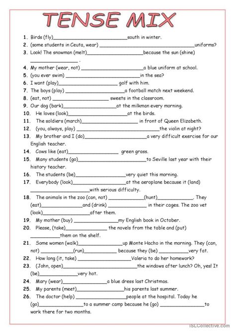 Mix Grammar Worksheet, Mix Tenses Worksheet, Tenses English Grammar Worksheets, English Tenses Exercises, English Tenses Chart, Past Tense Worksheet, Tenses Exercises, Tenses Chart, Grammar Sentences