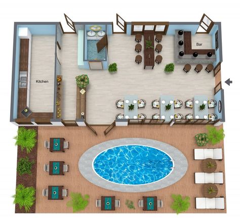 Experience a vacation-style getaway for the afternoon at this Thailand inspired restaurant plan with a pool area. Restaurant Blueprints, Small Restaurant Design Layout, Restaurant Interior Design Plan, Restaurant Floor Plan Layout, Sims Blueprints, Restaurant Sketch, Culinary Studio, Veranda Restaurant, Restaurant Floor Plan