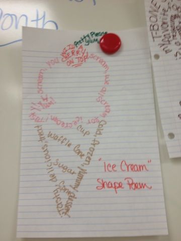 Ice Cream Shape Poem  Each student got to draw a different food from a jar. They used that specific food throughout the unit to create different types of poetry - including a cinquain, triante, shape poem, and a Wordle! Types Of Poetry, Concrete Poem, Shape Poems, Poetry Unit, Acrostic Poem, Teacher Teaching, Daycare Ideas, Writing Crafts, Future Classroom