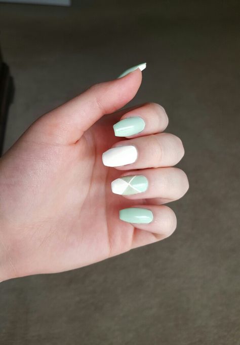 Mint White Nails, Mint Green And White Nails, Mint Green Aesthetic Nails, White And Mint Green Nails, Mint Green Tips Nails, Mint Green Nails With Accent Nail, White And Silver Nails, Mint Nails, Mint Green Dress