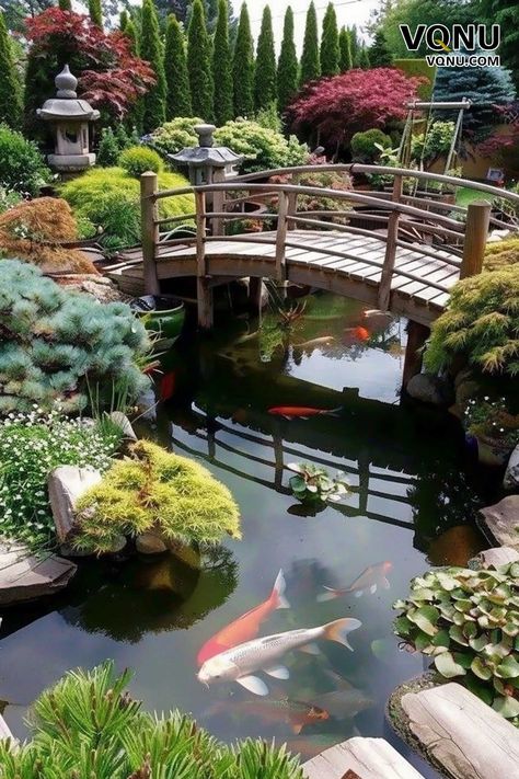 A serene Japanese garden with a koi pond, traditional arched wooden bridge, and lush greenery, featuring vibrant koi fish and carefully manicured plants. Koi Pond With Bridge, Garden With Koi Pond, Koi Pond Garden, Koi Pond Ideas, Japanese Pond, Beautiful Garden Ideas, Curved Bridge, Beautiful Houses Exterior, Pond Bridge