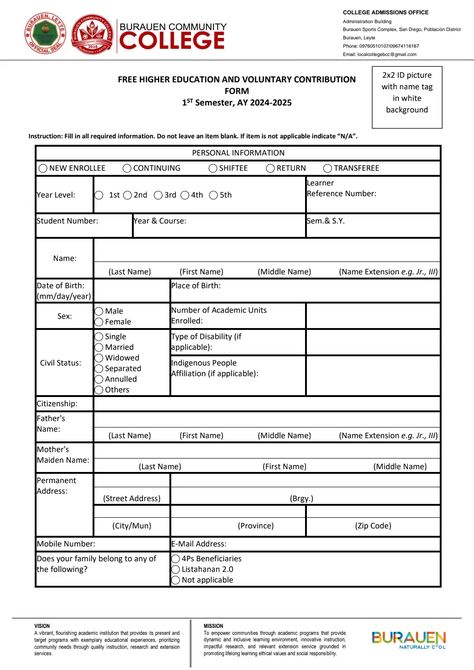 FREE HIGHER EDUCATION AND VOLUNTARY CONTRIBUTION FORM (1).pdf Enrollment Form, Admissions Office, Office Administration, Student Numbers, Leyte, Sports Complex, College Admission, Higher Education, Education