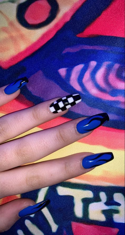 Blue And Black Flame Nails, Black And Royal Blue Nails, Blue Black And White Nails, Royal Blue And Black Nails, Dark Blue And Black Nails, Blue Flame Nails, Black And Blue Nails, Black Nails Short, Flame Nails