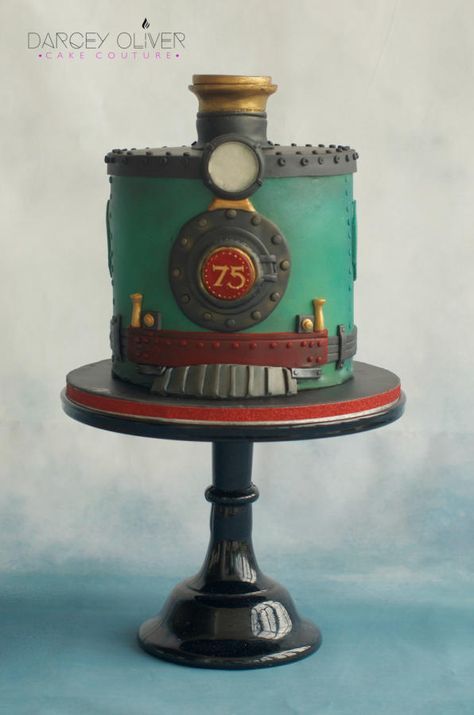 All aboard! This cake was designed to celebrate a 75th birthday of a life long steam train enthusiast. The client didn’t want a fully carved train cake but did want a train represented in some way on the cake. I decided to take iconic elements... Train Cake For Men, Train Cakes For Boys, Train Theme Cake, Colton Ryan, 75 Birthday Cake, Cake Transport, Train Birthday Cake, Dark Chocolate Fudge, Train Cake