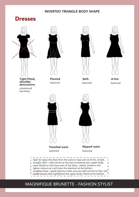 Body Shape Ultimate Guide - Part 3 = INVERTED TRIANGLE SHAPE - Magnifique Brunette Dresses Inverted Triangle Shape, Short Inverted Triangle Outfits, Invert Triangle Body Shape Outfits, Triangle Shape Body Outfits, Inverted Triangle Dresses, Dresses For Inverted Triangle Shape, Upside Down Triangle Body Shape Outfits, Outfits Inverted Triangle, Inverted Triangle Outfits Aesthetic