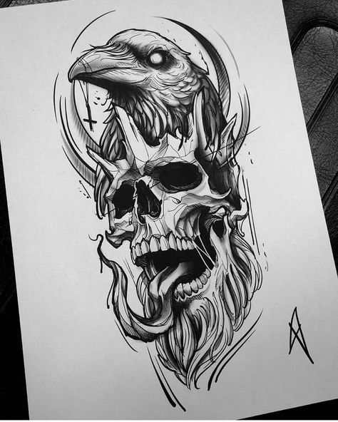 Tato Irezumi, Tattoo Crane, 천사와 악마, Kunst Tattoos, Crow Tattoo, Skull Art Drawing, Norse Tattoo, Skulls Drawing, Dark Art Tattoo