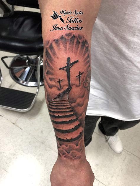 Heaven Leg Tattoo, Stairway To Heaven Tattoo Forearm, Heaven Shoulder Tattoo, Calvary Tattoo, 3 Crosses Tattoo Men, Stairway Tattoo, 3 Crosses Tattoo, The Cross Tattoo, Stairs To Heaven Tattoo