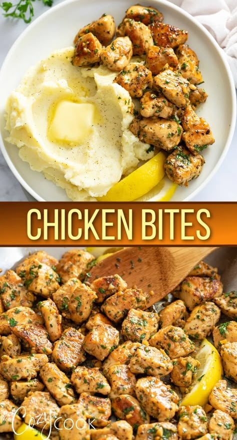 These flavorful chicken bites are tossed in a garlic butter pan sauce with white wine, fresh lemon, and simple seasonings. Serve it as an easy dinner or elevated appetizer! Lunch Ideas With Chicken Breast, Grilled Chicken Bites, Chicken Breast Bites Recipes, Simple Chicken Breast Recipes, Chicken Breast Dinner Ideas, Low Fat Dinner Recipes, Chicken Bites Recipes, Low Fat Dinner, Chicken Bites