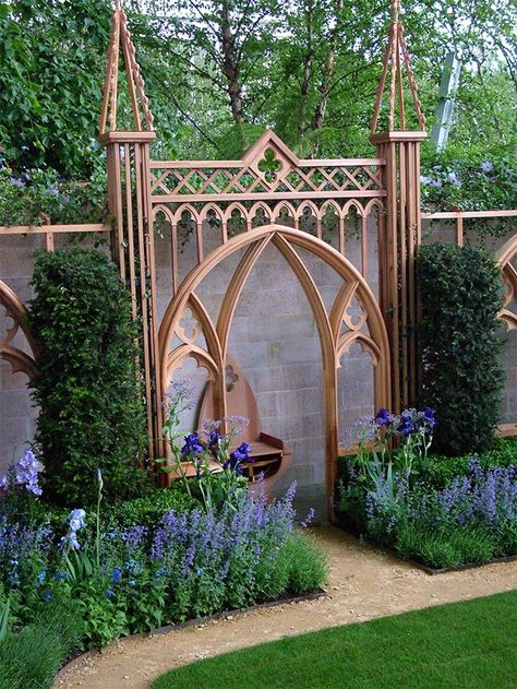 Garden Bench Seating, Goth Garden, Gothic Garden, Blue Garden, Garden Cottage, Landscape Decor, Chelsea Flower Show, Garden Bench, Garden Structures