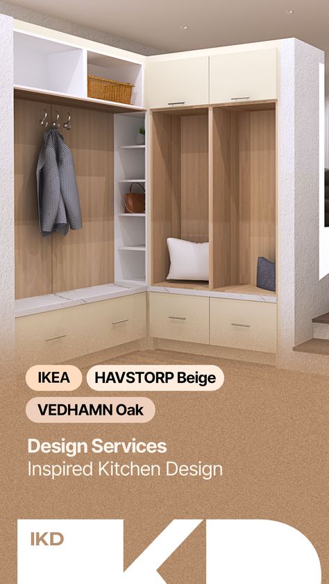 An IKEA Mudroom design with VEDHAMN oak panels, beige HAVSTORP door fronts, and white accents. Some of these white accents come in the form of the marble effect EKBACKEN countertop used as bench seating and open SEKTION cabinet storage.  LEARN MORE ➡️ https://inspiredkitchendesign.com/ Ikea Vedhamn Oak, Ekbacken Countertop, Ikea Mudroom, Mudroom Organization, Sala Tv, Ikea Design, Ceiling Storage, Mud Room Storage, Mudroom Design