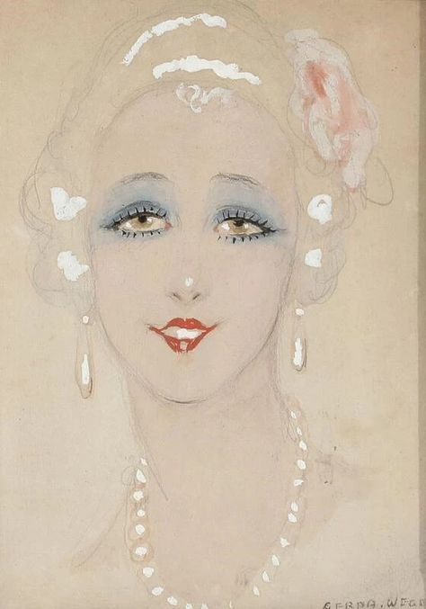 Artwork by Gerda Wegener, A woman with earrings and a pearl necklace, Made of Gouache and pencil on paper Orla Keily Flower Paintings, Lady With The Pearl Earring, The Girl With The Pearl Earring, Gerda Wegener, Gerda Wegener Illustrations, Einar Wegener, Pencil On Paper, Paper Sculpture, Pattern Wallpaper