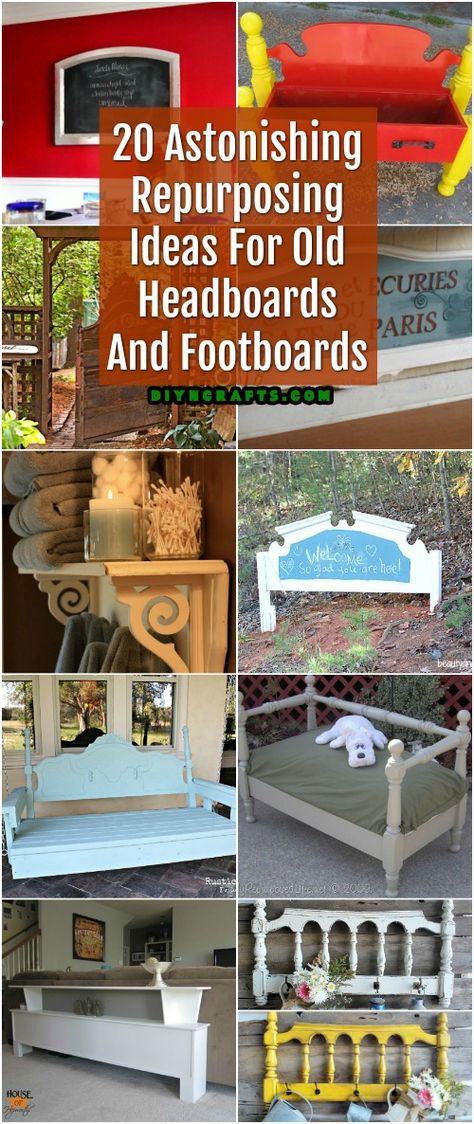 20 Astonishing Repurposing Ideas For Old Headboards And Footboards #repurpose #upcycle #diy #crafts via @vanessacrafting Footboard Repurpose, Headboards Ideas, Upcycle Headboard, Headboard Crafts, Antique Headboard, Repurposed Headboard, Headboard Benches, Old Bed Frames, Old Headboard