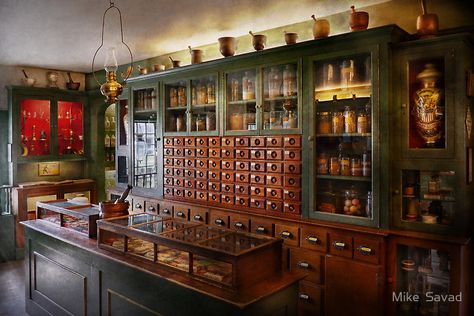 Pharmacy - I'll be out in a minute  by Mike  Savad Apothecary Decor, Apothecary Cabinet, Medicine Bottles, Colmar, Tea Shop, Glass Shelves, 인테리어 디자��인, Apothecary, Pharmacy