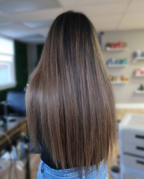 Long Straight Brunette Hair With Highlights, Light Brunette Highlights Straight Hair, Subtle Brown Balayage Straight Hair, Straight Brown Hair With Lowlights, Chocolate Highlights Straight Hair, Latte Brunette Straight Hair, Blended Balayage, Blonde Asian Hair, Straight Brunette Hair