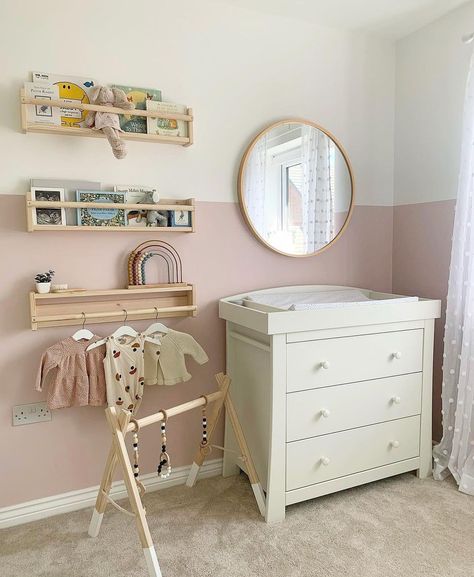 Rose Pink Nursery Wall, Half Painted Pink Wall, Dado Rail Nursery Pink, Nursery Dado Rail, Two Tone Wall Nursery, Two Color Accent Wall Ideas, Half Wall Nursery Ideas, Half Pink Wall Nursery, Half Painted Nursery Wall