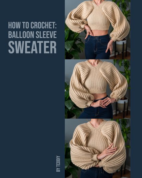 This stylish Crochet garment is the perfect way to stay comfy and fashionable all season long! With this easy to follow pattern, you can make your own unique fashion statement with this grandiose, hand made garment. So, if you’re looking for a cute and cozy project, just click for the pattern! #crochet #crochetpattern #crochettutorial Crochet Balloon Sleeve, Crochet Balloon, Trendy Balloons, Crocheted Clothes, Sweater Tutorial, Balloon Sleeve Sweater, Photo Pattern, Crochet Winter, Crochet Videos Tutorials