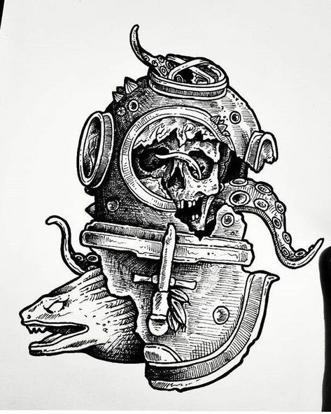 Creepy Nautical Tattoo, Old School Scuba Diver Tattoo, Deep Diver Tattoo, Old Scuba Diver Tattoo, Vintage Diver Tattoo, Undersea Tattoo, Diver Tattoos, Deep Sea Diver Tattoo, Diving Helmet Tattoo