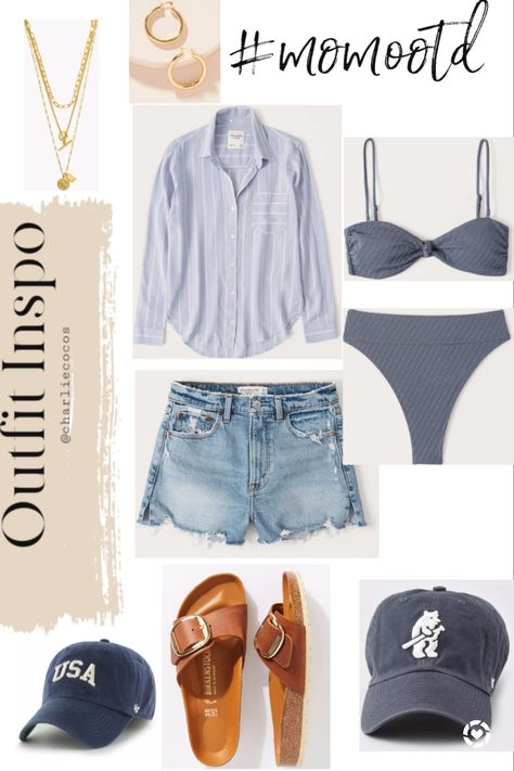 Casual Summer Bbq Outfit, Baseball Mom Outfits Summer, Swimsuit With Jean Shorts, Blue Birkenstocks, Cas Outfits, Barbecue Outfit, Sahm Wardrobe, Pool Day Outfit, Summer Bbq Outfit