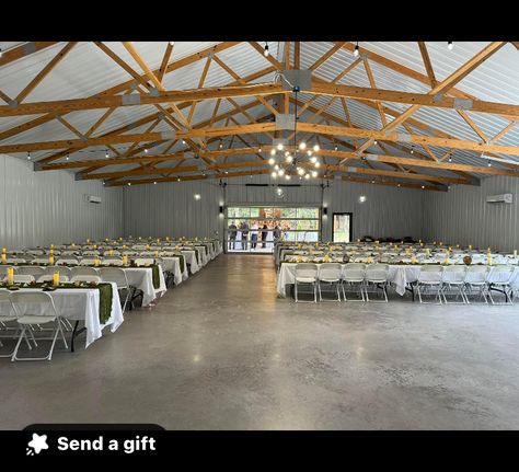 Barn Event Space, Concrete Wedding, Metal Barn, Gathering Place, Metal Buildings, Wedding Reception Decorations, Concrete Floors, Reception Decorations, Event Space