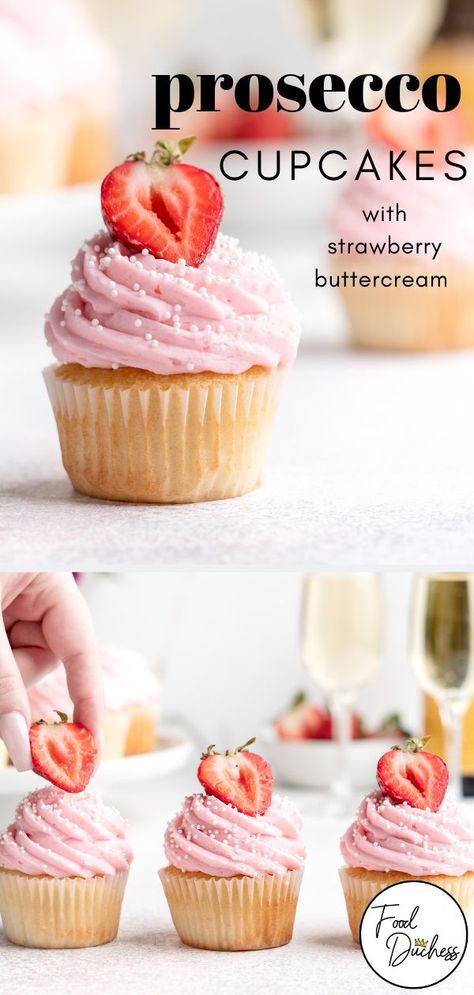 These Prosecco Cupcakes with Strawberry Buttercream Frosting combine two classics to make a cupcake that is delightfully sweet, with harmonious flavors. This cupcake recipe uses Prosecco rather than traditional champagnes, as well as fresh strawberries are used to produce the most authentic and real tasting flavor. #prosecco #cupcakes #proseccocupcakes #champagne #champagnecupcakes #strawberries #strawberrybuttercream #strawberryfrosting Mini Strawberry Cupcake Recipe, Lemon Champagne Cupcakes, Prosecco Recipes Food, Champagne Cupcakes From Scratch, Prosecco Cupcakes Recipe, Fancy Mini Cupcakes, Strawberry Champagne Cupcakes, Fancy Cupcake Flavors, Fancy Cupcakes Recipes