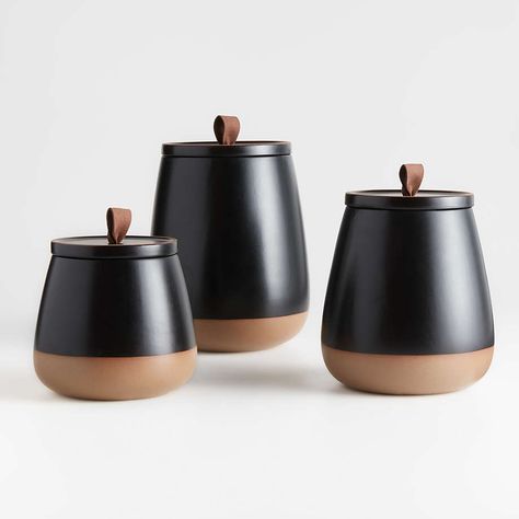 Thero Small Matte Black Ceramic Canister + Reviews | Crate and Barrel Black Canisters For Kitchen, Kitchen Canisters On Counter Display, Coffee Canister Ideas, Kitchen Canisters On Counter, Crate And Barrel Kitchen, Industrial Kitchen Decor, Canister Sets For Kitchen, Black Kitchen Storage, Canisters For Kitchen