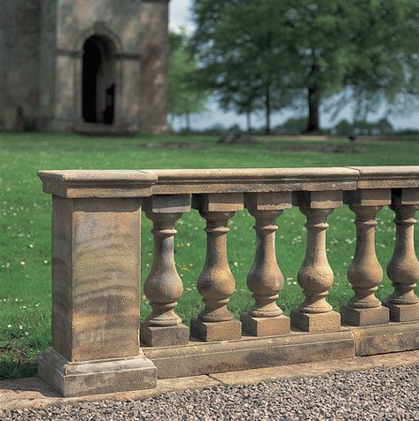 Balustrade - An entire railing system with top rail and balusters, and sometimes including a bottom rail. Stone Railings Balconies, Stone Balustrade, Stone Railings, Stone Porches, Weather Stones, Portland Stone, House Redesign, Stone Ornaments, Porch And Balcony