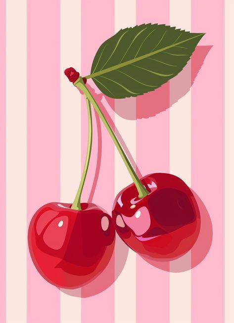 Cherry Emoji Aesthetic, Strawberry Illustration Drawings, Cherry Illustration Design, Cherry Canvas Painting, Cartoon Cherries, Wall Drawing Ideas Creativity, Cherry Wallpaper Aesthetic, Cherry Pics, Cherry Cartoon