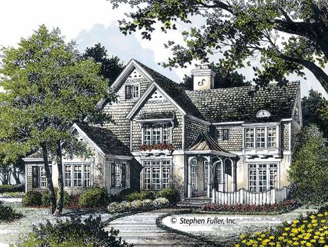 Floor Plan AFLFPW06611 - 2 Story Home Design with 4 BRs and 3 Baths Facade House Design, Cottage House Plan, Cottage Floor Plans, European Style House, Shingle Exterior, European House Plan, Small House Decorating, Family Room Fireplace, Gathering Room