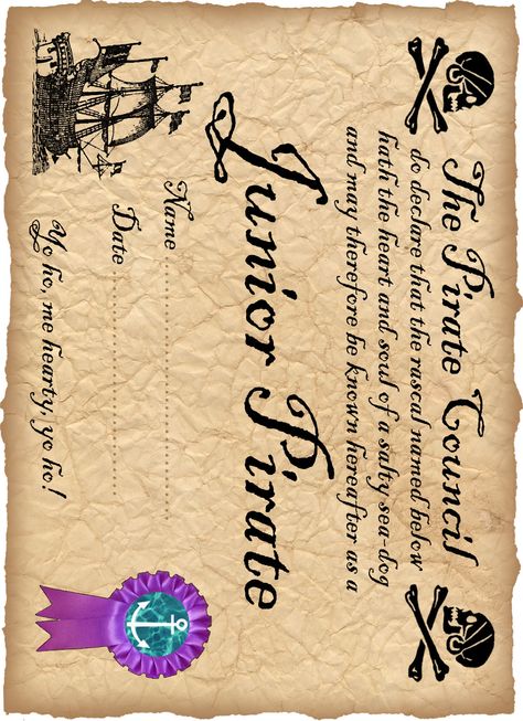 Printable certificate for a junior pirate PIRATES OF THE CARIBBEAN Pirate Preschool, Pirate Week, Pirate Symbols, Pirate Unit, Pirate Ideas, Pirate Classroom, Certificate Award, Summer Camp Themes, Pirate Activities