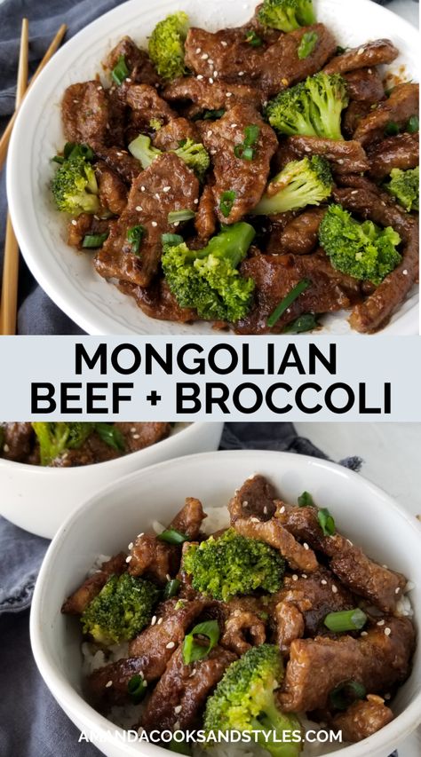 Mongolian Beef and Broccoli - Amanda Cooks & Styles Mongolian Beef And Broccoli Recipe, Beef With Broccoli Recipe, Easy Mongolian Beef, Asian Dish, Mongolian Beef Recipes, Beef Strips, Beef And Broccoli, Broccoli Recipe, Mongolian Beef