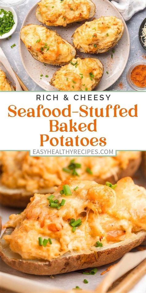 Shrimp Scampi Baked Potato, Crab Stuffed Baked Potatoes, Dinner Ideas With Crab Meat, Shrimp Potato Recipes, Baked Potato Food Truck, Shrimp And Potato Recipes, Shrimp And Potatoes Recipes, Seafood Thanksgiving Dinner Ideas, Shrimp And Mashed Potatoes